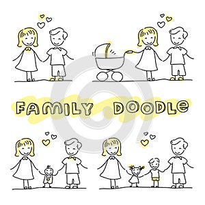 Family hand drawn stick figures on white background.