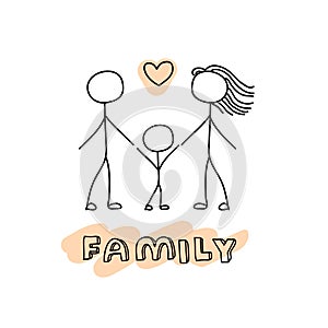 Family hand drawn stick figures on white background.