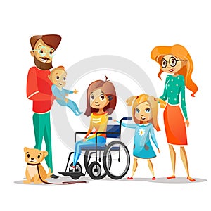 Family and handicapped child vector illustration of disabled girl in wheelchair surrounded by happy parents