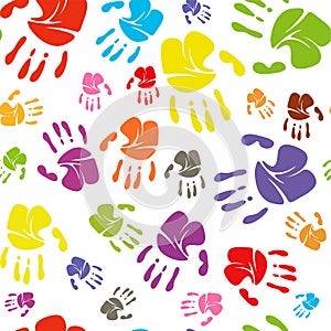 Family handprints seamless pattern Raster illustration. Family handprints of mom, dad, child and baby. Social