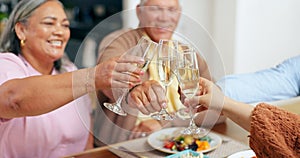 Family, hands and champagne toast for holiday celebration, thanksgiving and thank you or congratulations. Happy senior