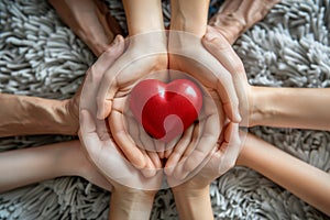 Family hands holding red heart top view