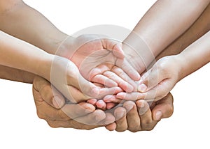 Family hands praying together clipping path for donation charity concept