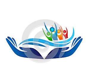 Family in hands water wave help us icon logo illustrations. Future, emotion.