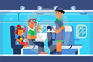 Family Happy on Airplane, Vacations, Holiday, Travel Destination, Journey Trips, Transportation. Vector illustration