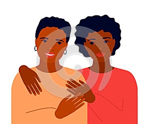 Family happy black mother and adult teenage black daughter are hugging. Mothers day concept. Adult sisters. Family