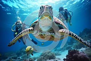 family happy diving with turtles on the barrier reef. children are diving