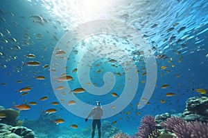 family happy diving with turtles on the barrier reef. children are diving