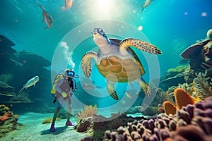 family happy diving with turtles on the barrier reef. children are diving