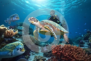 family happy diving with turtles on the barrier reef. children are diving