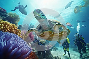 family happy diving with turtles on the barrier reef. children are diving