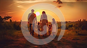 A Family, Happy family, mother, father, children son and daughter on nature on sunset. Generative Ai