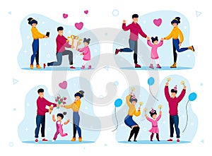 Family Happy and Positive Memories Flat Vector Set