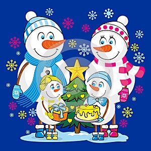 A family of happy snowmen celebrates Christmas and New Year