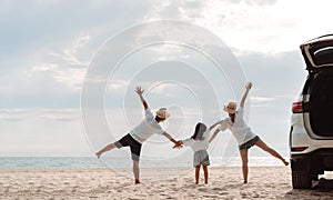 Family happy traveling enjoy in vacation with Car travel driving road trip summer vacation in car in the sunset, Dad, mom and