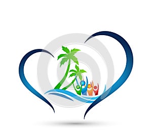 Family in happy union, Beach logo water wave Hotel tourism holiday summer beach coconut palm tree in heart shape vector logo