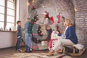 Family having fun on Christmas day, decorating Christmas tree