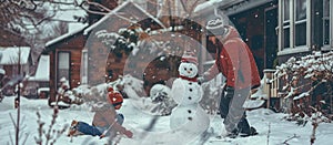 Family is having a great time building a snowman in the snowy neighborhood during winter AIG62 photo