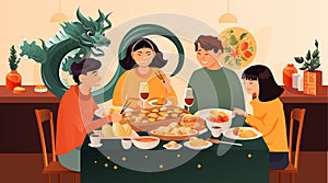 family having holiday dinner chinese new year of dragon winter holiday celebration concept horizontal