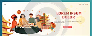 family having holiday dinner chinese new year of dragon winter holiday celebration concept horizontal copy space