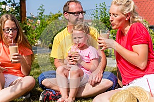 Family having picnic in garden front of their home