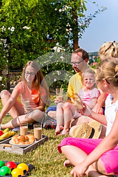 Family having picnic in garden front of their home