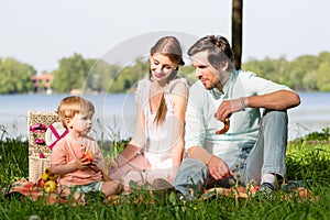 Family having picnic at lake sitting on meadow