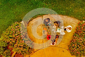 Family having a picnic outdoor in summer season. Aerial view from drone