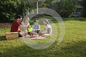 Kavkazský rodině čtyři, které mají piknik v parku.