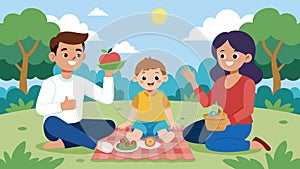 A family having a picnic in the park with the autistic child using sign language to express their excitement about the