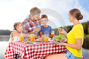 Family having picnic at table in park