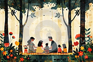 Family having picnic in whimsical forest, storybook illustration style, family bonding theme. Postcard for the day of