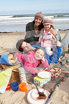 Family Having Picnic On Winter Beach