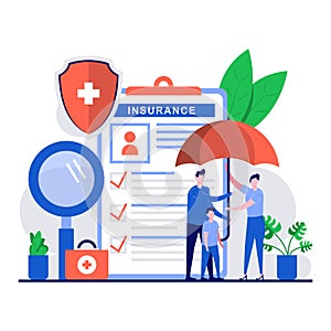 Family health insurance concept with tiny character. People using umbrella as protection from accidents with life and personal