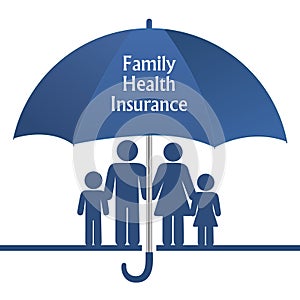 Family health insurance illustration vector isolated on white background. A family standing on a line and under an umbrella.