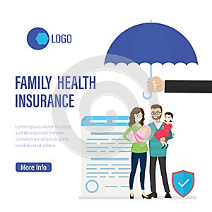 Family health insurance, landing page template. Happy parents with healthy children. Hand holds big umbrella. Insurance contract