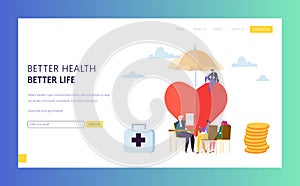 Family Health Insurance Policy Sign Landing Page Concept. Man Character Fill in Safety Contract Umbrella. Healthcare