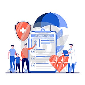 Family health and life insurance concept with tiny character, shield, umbrella. Care medical, Reliable protection, healthcare plan
