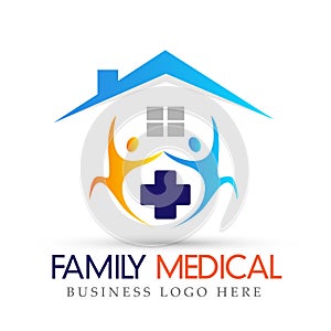 Family health medical care home logo active people with house cross icon on white background