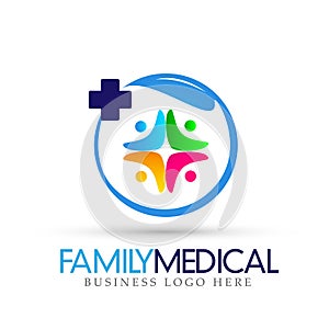 Family health medical care nature logo union people in leaf icon on white background