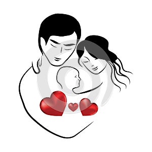 Family heart icon, symbol parents sketch of lovely young married couple hugging little child vector illustration