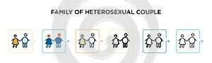 Family of heterosexual couple vector icon in 6 different modern styles. Black, two colored family of heterosexual couple icons