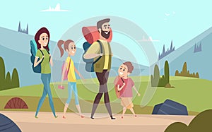 Family hiking background. Walking couples in mountains kids with parents tourists travellers outdoor adventure vector
