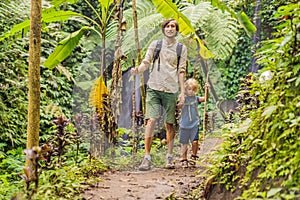 Family in hiking. Dad and son walking in the forest with trekking sticks