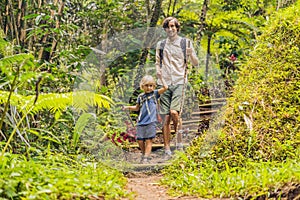 Family in hiking. Dad and son walking in the forest with trekking sticks