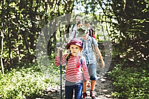 Family hiking in the forest