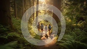 Family hiking through forest, enjoying nature beauty generated by AI