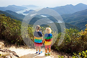 Family hiking in Hong Kong mountains