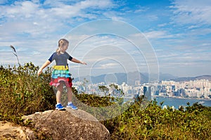 Family hiking in Hong Kong mountains