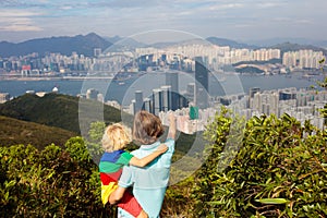 Family hiking in Hong Kong mountains